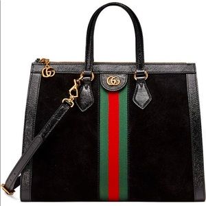 Gucci Black Suede Ophidia GG Medium Top Handle Satchel with Crossbody Strap